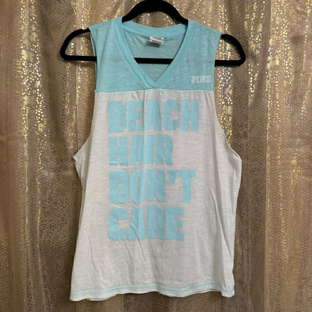 PINK Victorias Secret White Blue Beach Hair‎ Dont Care Tank Muscle Top XS